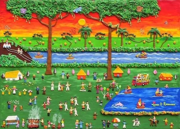 Paisaje colombiano al atardecer en plastilina